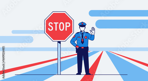 Obey The Rules Policeman Directs Traffic Near The Stop Sign