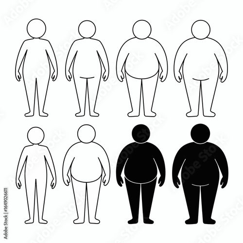 Collection of human body shape silhouettes showing weight progression isolated on white background silhouette