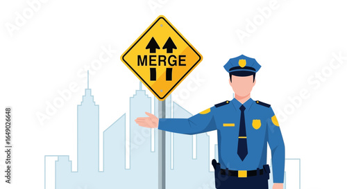 Officer Guides Drivers Through Merge Point In Cityscape Environment