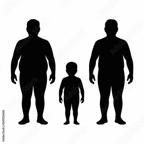 Three overweight figures including a child silhouette isolated on white background