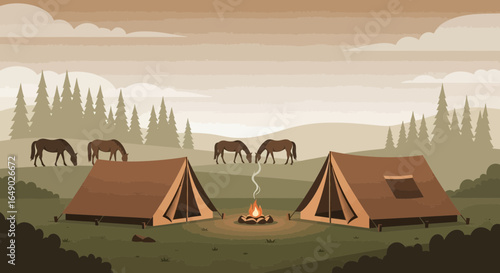 Peaceful Camping Scene Featuring Tents Campfire And Horses In Nature