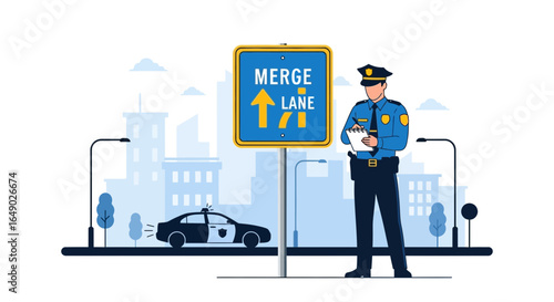 Officer Inspecting Merge Lane With Cityscape Background And Patrol Car Present