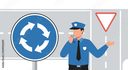 Officer Manages Traffic At Roundabout And Yield Point For Safe Navigation