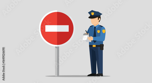 Officer Issues Ticket Next To No Entry Sign In A Flat Vector Graphic