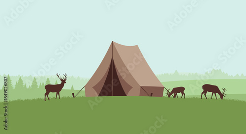 Peaceful Camping Scene with Deer Grazing Near a Tent in a Forest Glade