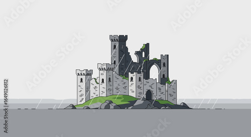 Old Castle Ruins In The Rain Illustration With Modern Minimalist Style
