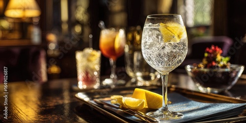 A selection of cocktails on a dark wooden table in a dimly lit bar.  A gin and tonic is prominent, garnished with lemon.  Other drinks are visible in the background
