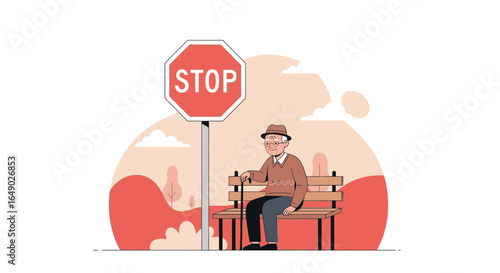 Old Man Sitting On Bench With Stop Sign Near By In The Park
