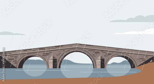 Old Stone Bridge Under the Rain Illustration With Dramatic Cloudy Sky