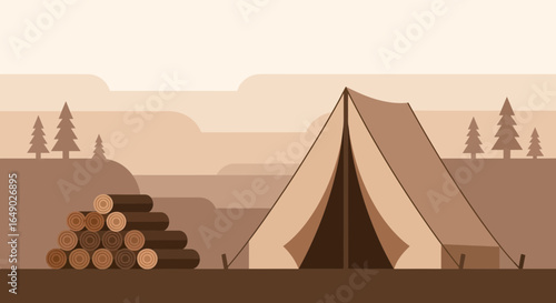 Peaceful Camping Scene With Tent And Woodpile For Outdoor Adventure Enthusiasts