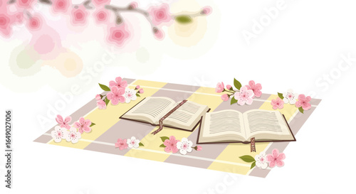 Open Books And Beautiful Pink Cherry Blossom Flowers On A Picnic Blanket