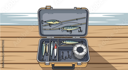 Open Tackle Box Showing Lures Placed on a Wooden Surface by the Sea