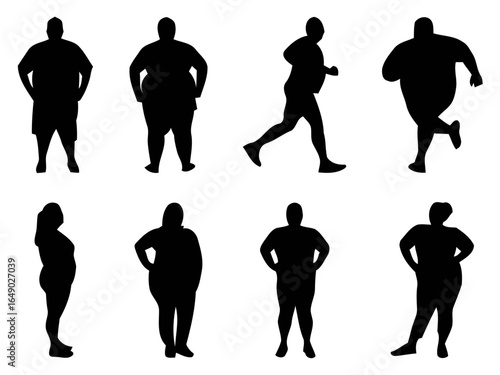 Diverse group of overweight people in silhouette isolated on white background
