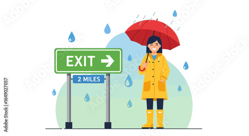 Optimistic Commuter On A Rainy Day Under The Umbrella Near Exit Sign