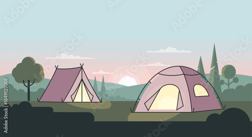 Peaceful Camping Scene with Tents and Trees in Nature Landscape at Sunset