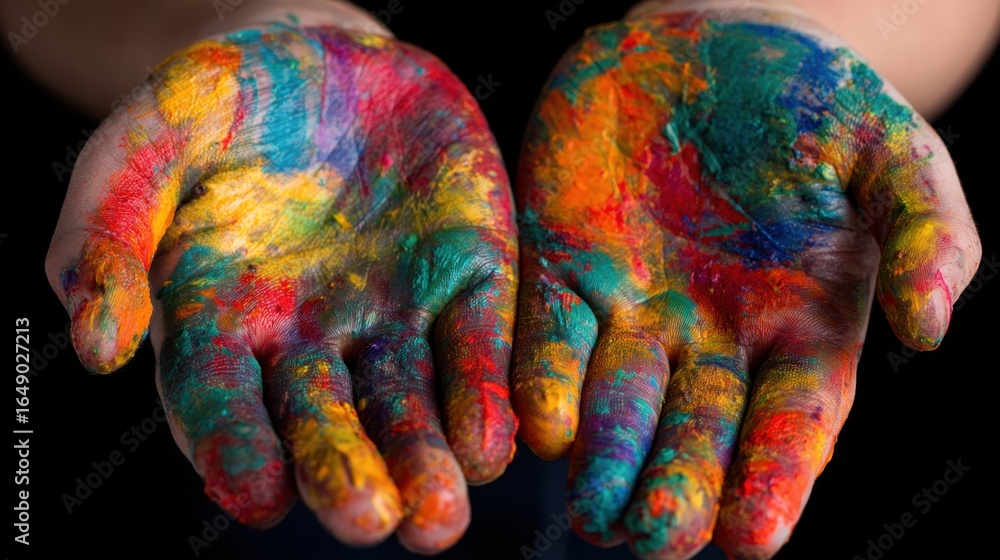 Naklejka premium A vibrant display of creativity with colorful paint splattered across open hands against a dark background, symbolizing artistic expression and individuality.