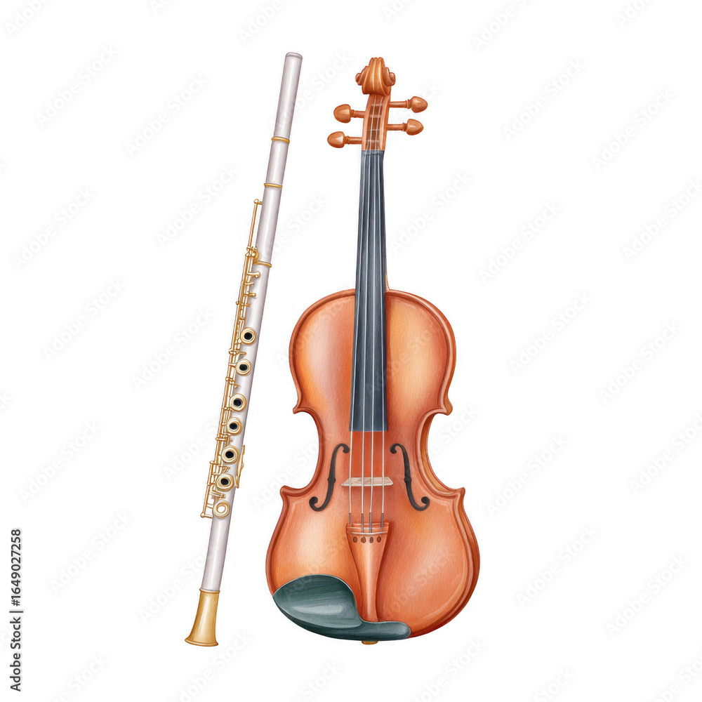 Fototapeta premium Back to school, Musical Harmony: A watercolor-style illustration of a flute and a violin, capturing the grace and beauty of these classical instruments. 