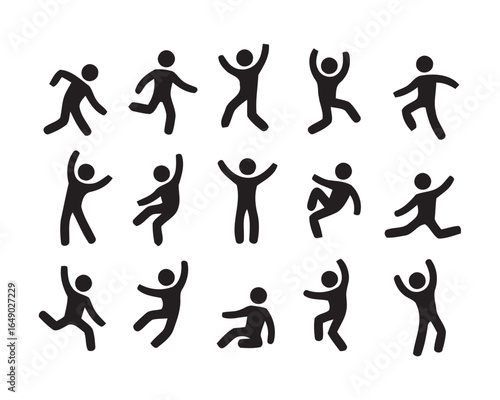 Collection of diverse stick figure silhouettes in various active poses isolated on white background silhouette