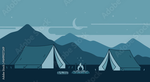 Peaceful Camping Under The Moonlight In A Minimalist Blue Mountain Landscape