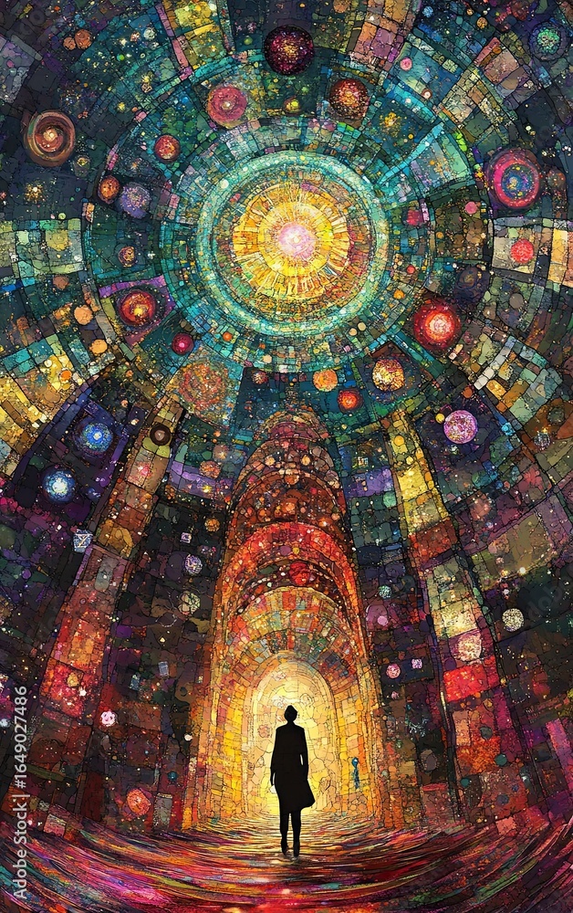 Obraz premium A person walking through an intricate time portal, surrounded by cosmic symbols and vibrant colors