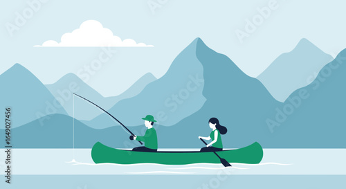 Peaceful Couple Rowing And Fishing In A Canoe On Lake In The Mountains