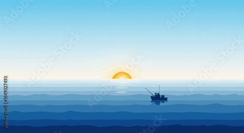 Peaceful Dawn Fishing Expedition on Blue Ocean Waters With Minimalist Design