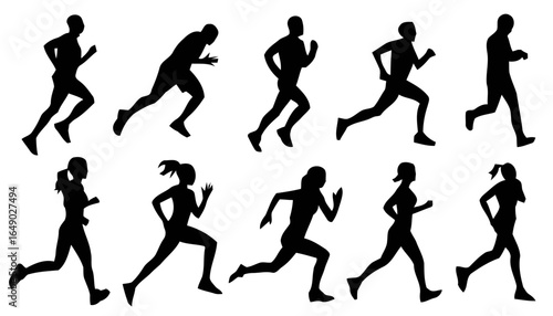 Diverse group of running people silhouettes isolated on white background