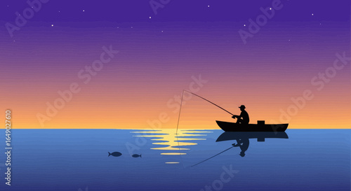 Peaceful Evening Fishing At Sunset With Boat And Fishes In Silhouette