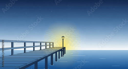 Peaceful Evening Illustration of Wooden Pier Under Starry Sky And a Lamp