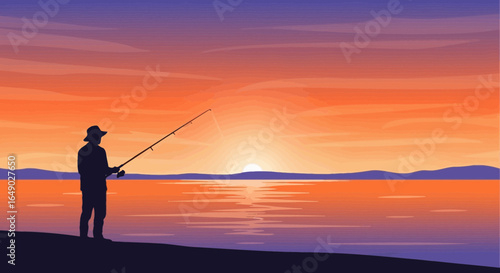Peaceful Evening: Silhouette of Fisherman at Dusk on the Lake Landscape