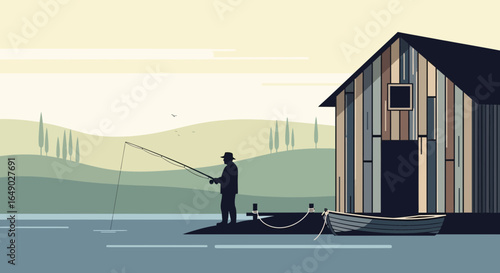 Peaceful Fisherman Casting a Line near an Old Wooden Boathouse at Sunset