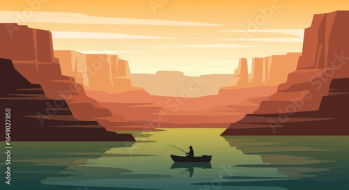 Peaceful Fishing Adventure on Calm River Underneath Rocky Canyon Landscape