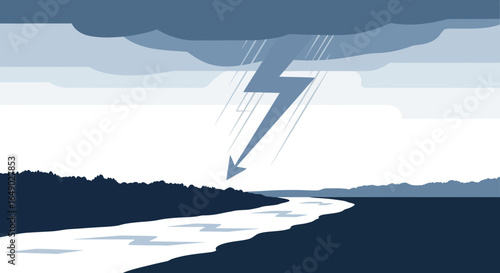 Overcast Weather In Landscape With Lightning And River Illustration