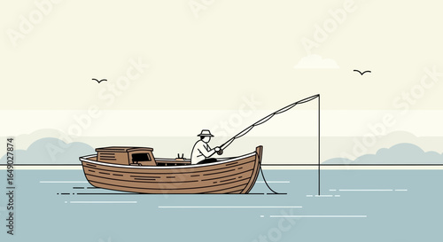 Peaceful Fishing Adventure on the Lake Simple Line Art Illustration Style