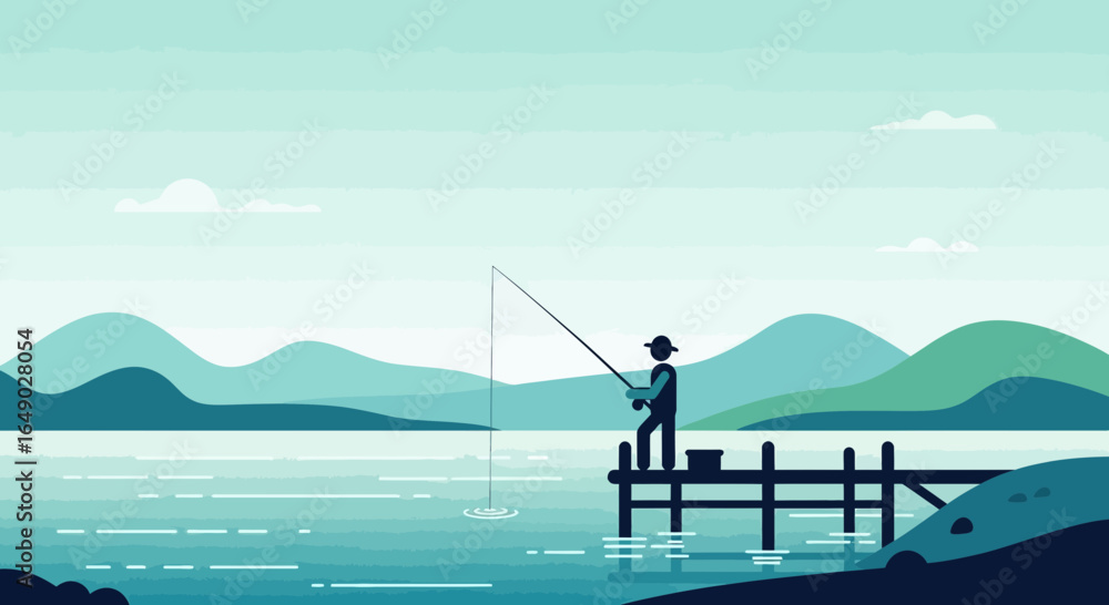Naklejka premium Peaceful Fishing In The Lake On A Pier During A Calm Day Flat Vector Scene