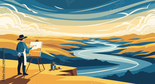 Painter Capturing a Winding River Landscape Under an Expressive Sky at Sunset
