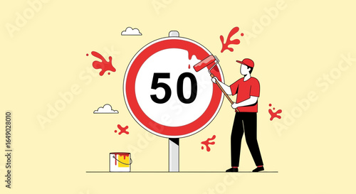 Painter Correcting And Adding Red Paint Color To The Round 50 Traffic Sign