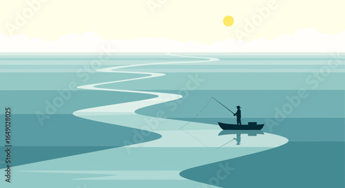 Peaceful Fishing In Still Waters Under The Morning Sun Vector Illustration