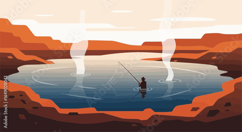 Peaceful Fishing Landscape In A Geothermal Lake With Desert Surroundings