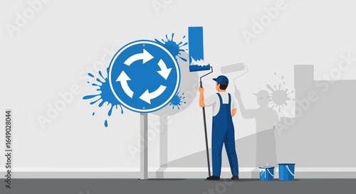 Painter Decorating With Circular Arrows Illustrating Recycling Process Modern Artwork