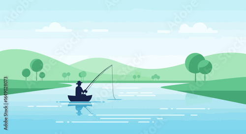 Peaceful Fishing On Serene River With Natural Landscape Background Flat Vector Design