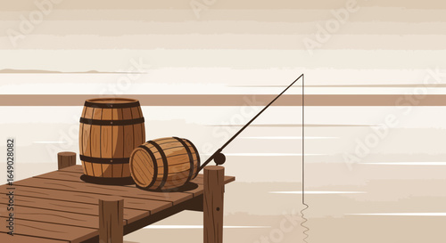 Peaceful Fishing Retreat On Wooden Pier With Barrels In Serene Landscape