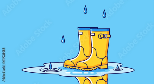 Pair Of Yellow Rain Boots Standing In A Puddle During A Rain Shower