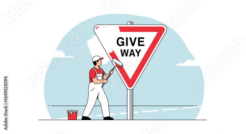 Painter Restoring The Give Way Roadsign A Simple Cartoon Illustration Concept