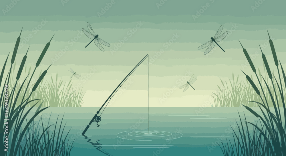 Fototapeta premium Peaceful Fishing Scene With Dragonflies At Sunrise On The Lake