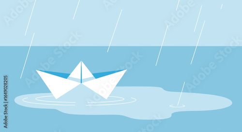 Paper Boat Sailing in Rainfall Minimalist Illustration for Melancholy or Serenity