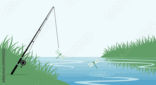 Peaceful Fishing Scene With Dragonflies on The Water Surface At Daytime