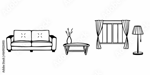 Illustration of a living room setup featuring a sofa table window and a floor lamp in black and white