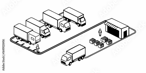 Isometric view of trucks at a distribution center loading and unloading goods near a small warehouse area