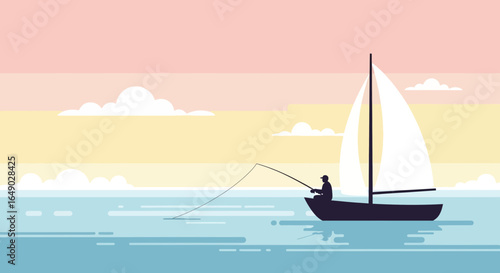 Peaceful Fishing Trip On The Open Water During Sunset Calm Vector Graphic